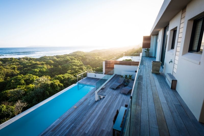customised Lake Mac pool decking overlooking view