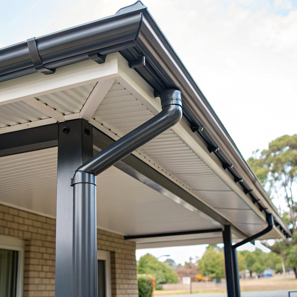 Colorbond carport roofing and steel framing detail showing gutter and post connection