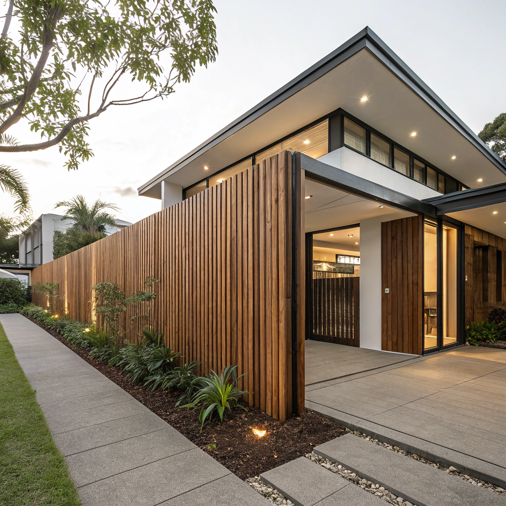 Exterior scene of a timber privacy screen install