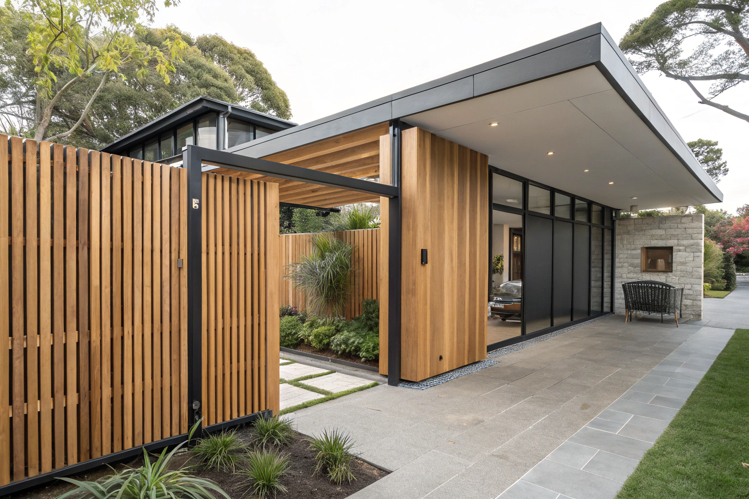 Exterior scene of a timber privacy screen install