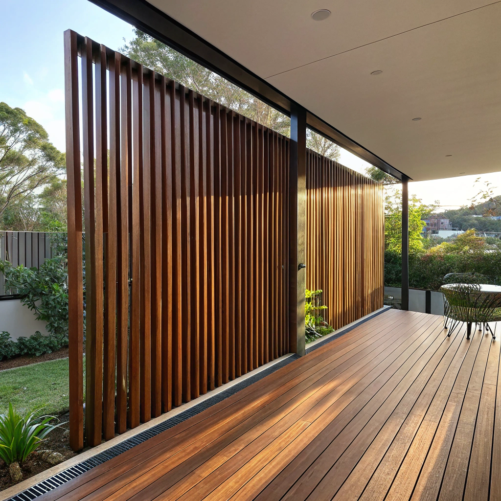 Timber privacy screen with vertical batten layout