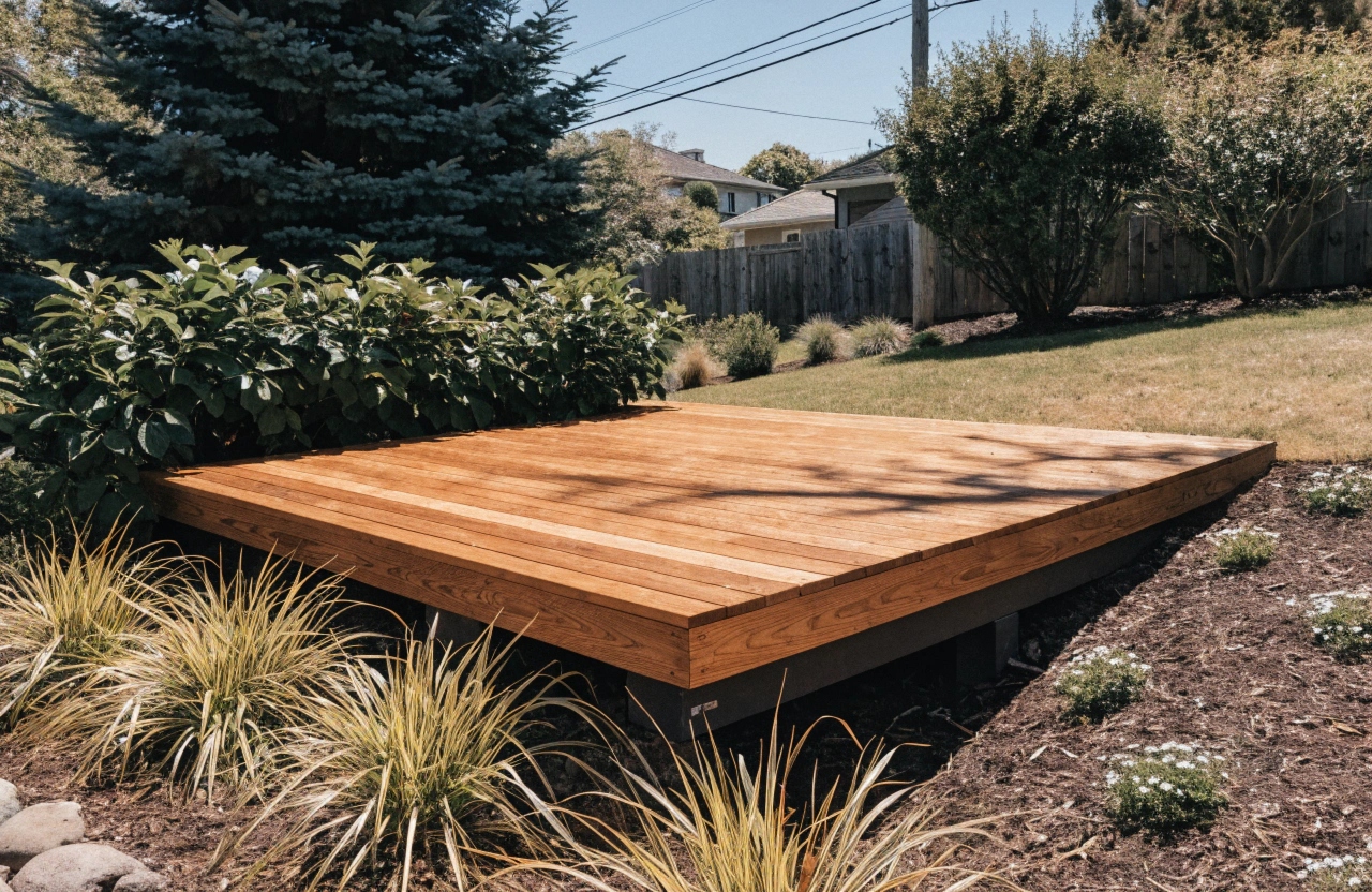 Timber decking patio surface with garden edge in Newcastle backyard