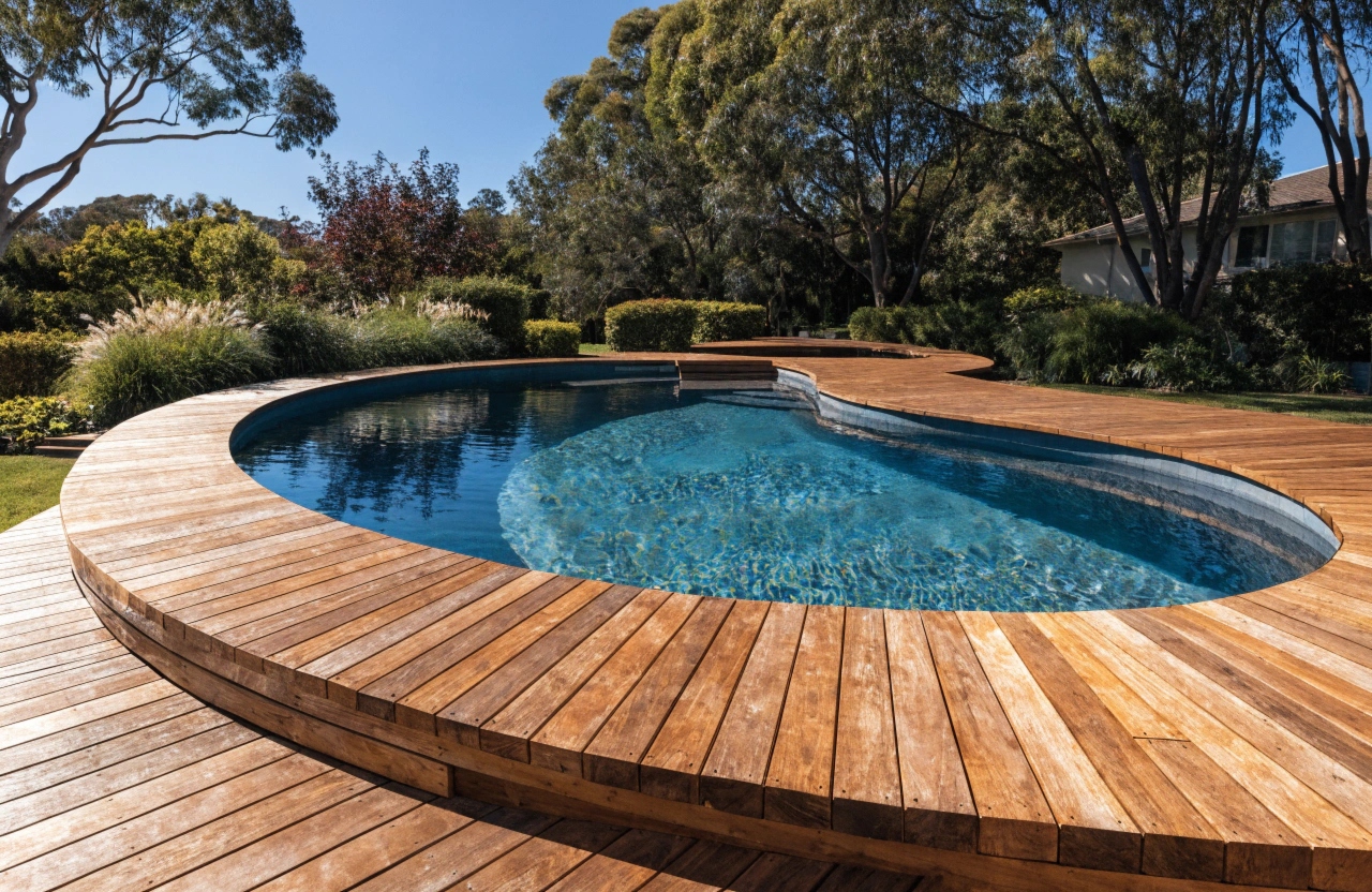 Timber pool deck with merbau boards surrounding a backyard swimming pool in Newcastle