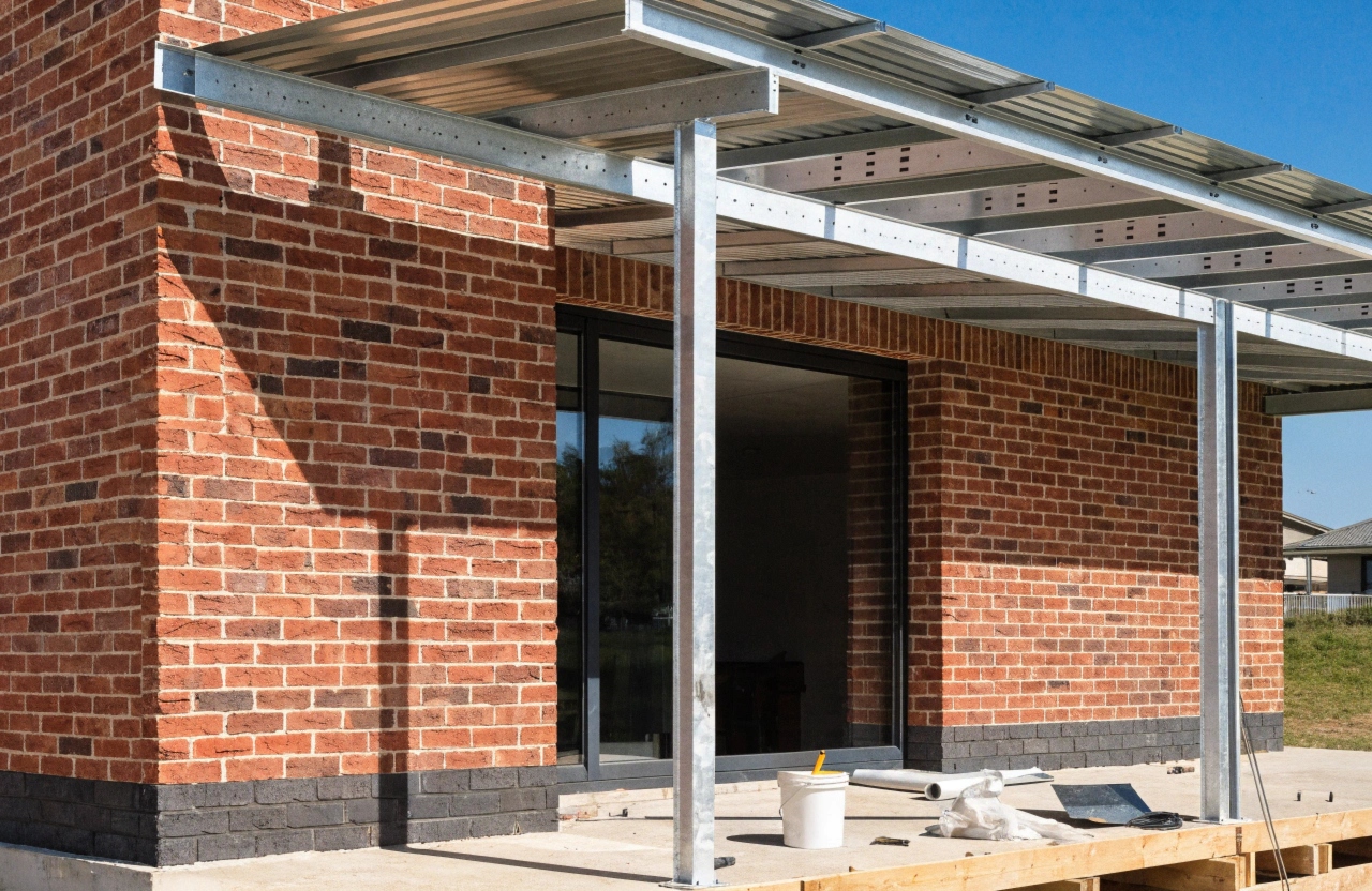 Steel-framed verandah installation in progress on a Newcastle home