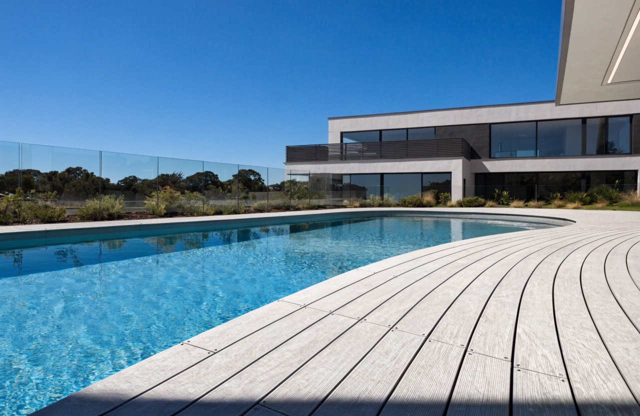 Light-coloured composite pool deck boards installed around a pool edge in Newcastle